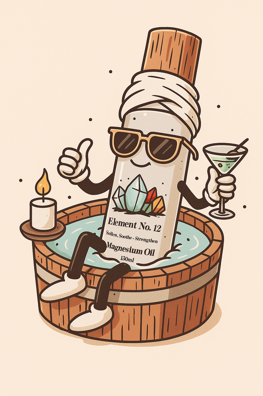 Illustration of a magnesium oil bottle relaxing in a wooden bath tub with sunglasses, holding a cocktail, promoting magnesium bath soak benefits.